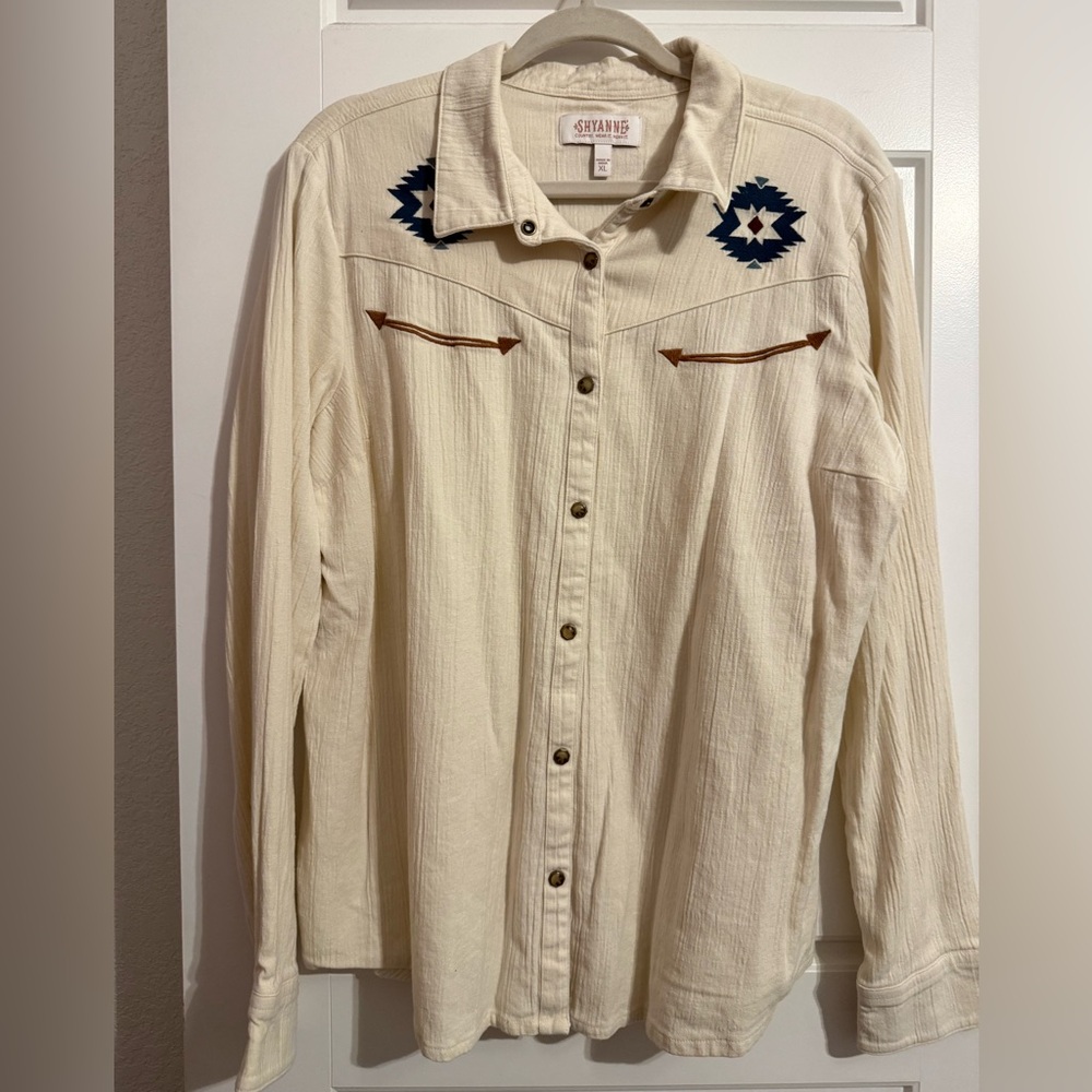 Shyanne Ivory Button Down with Blue Embroidery - Picture 1 of 5